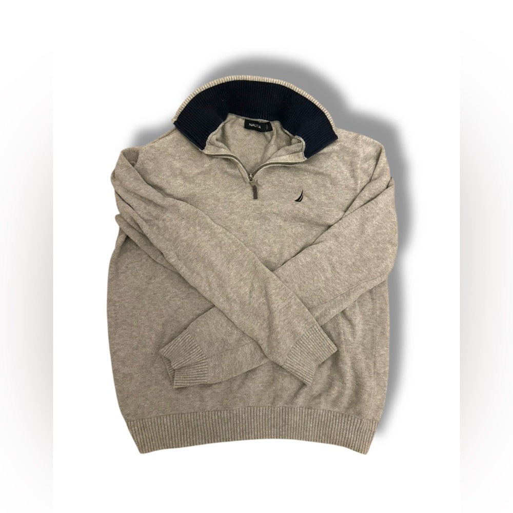 Nautica Grey Quarter Zip Up Mock Neck Long Sleeve Pullover Sweater Men’s Medium